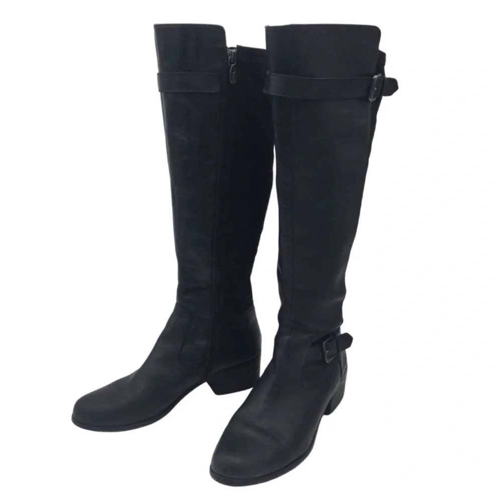 Tahari Kent Leather Tall Black Buckle Riding Equestrian Boots size 8.5‎